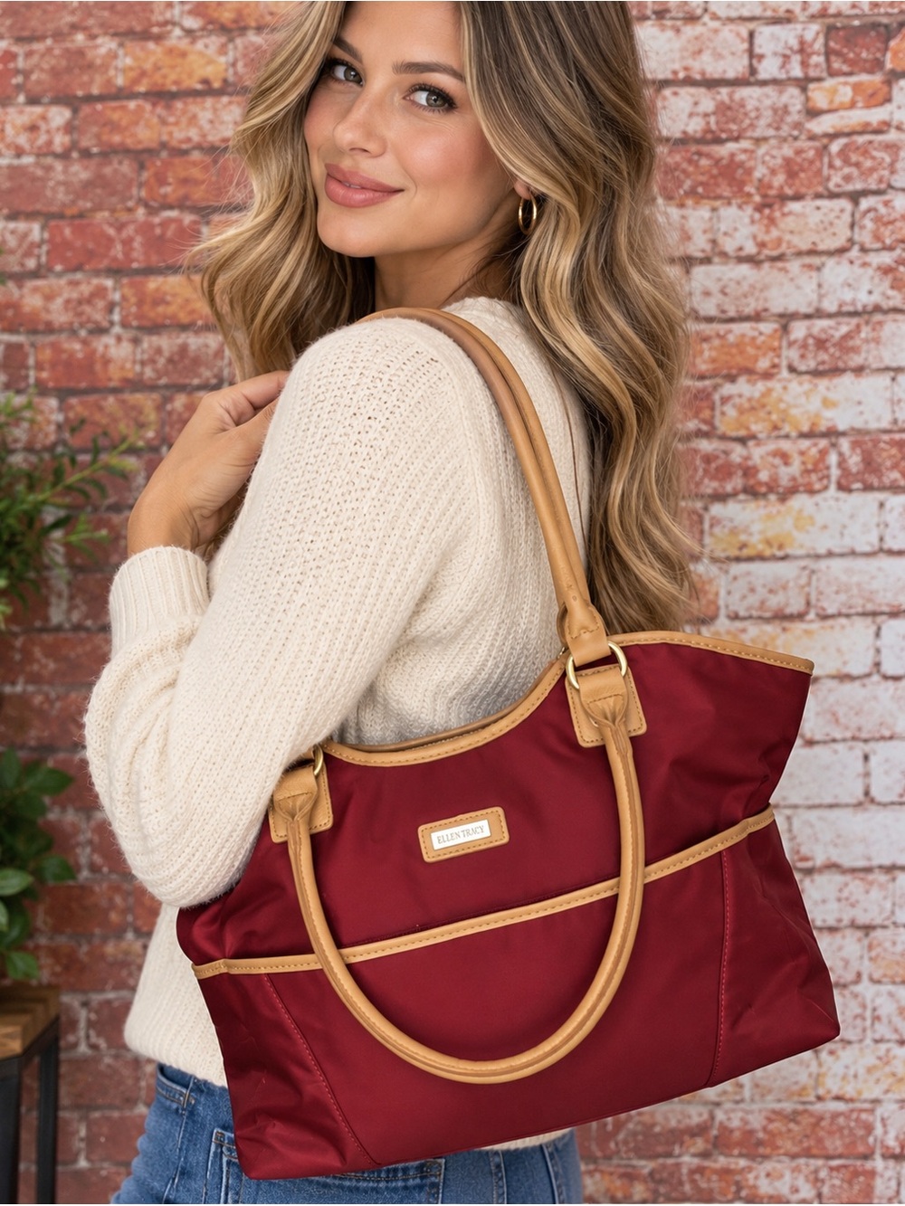 Ellen Tracy Red and Tan Nylon Laptop Shoulder Bag